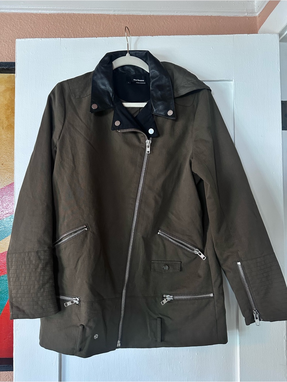 THE KOOPLES Olive Green Asymmetric Zip Jacket with Black Collar